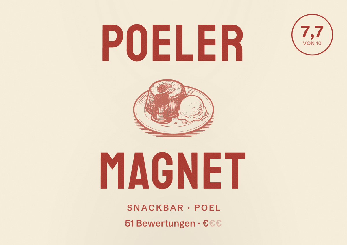 Illustriertes Poster von Poeler Magnet, Snackbar in Poel: Bewertung 7,7 von 10 aus 51 Bewertungen, Preisniveau €