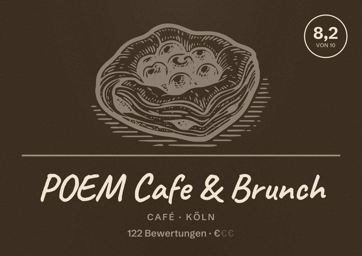 Illustriertes Poster von POEM Cafe & Brunch, Café in Köln: Bewertung 8,2 von 10 aus 122 Bewertungen, Preisniveau €