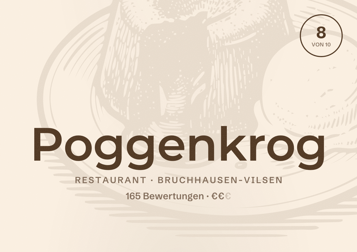 Illustriertes Poster von Poggenkrog, Restaurant in Bruchhausen-Vilsen: Bewertung 8 von 10 aus 165 Bewertungen, Preisniveau €€