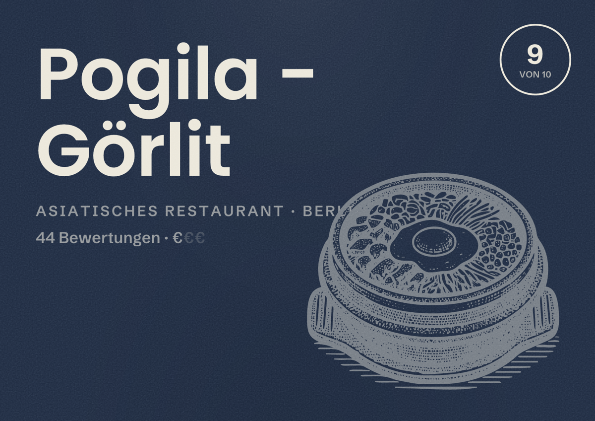 Illustriertes Poster von Pogila - Görlit, Asiatisches Restaurant in Berlin: Bewertung 9 von 10 aus 44 Bewertungen, Preisniveau €
