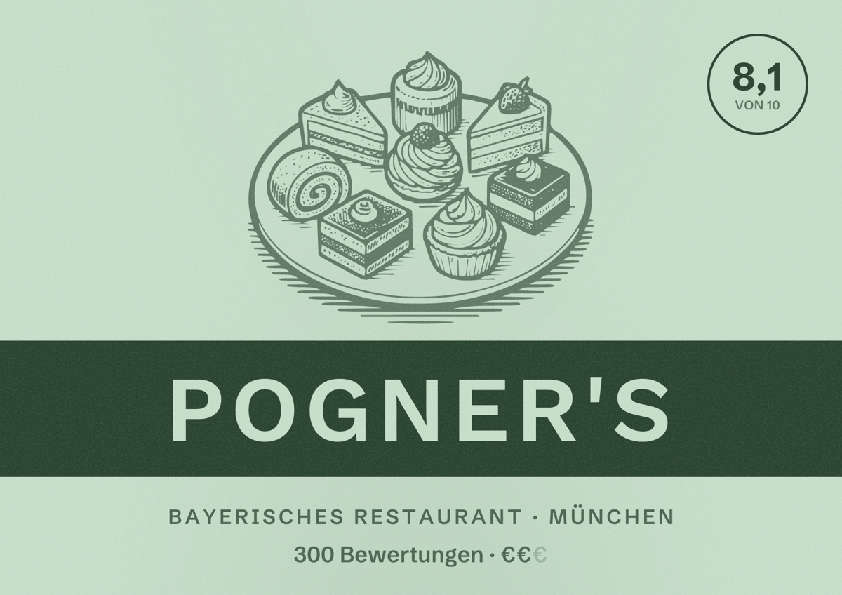 Illustriertes Poster von Pogner's, Bayerisches Restaurant in München: Bewertung 8,1 von 10 aus 300 Bewertungen, Preisniveau €€
