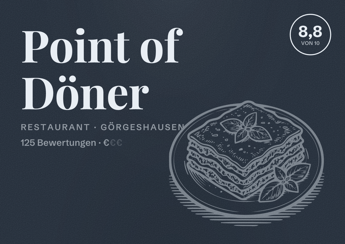 Illustriertes Poster von Point of Döner, Restaurant in Görgeshausen: Bewertung 8,8 von 10 aus 125 Bewertungen, Preisniveau €