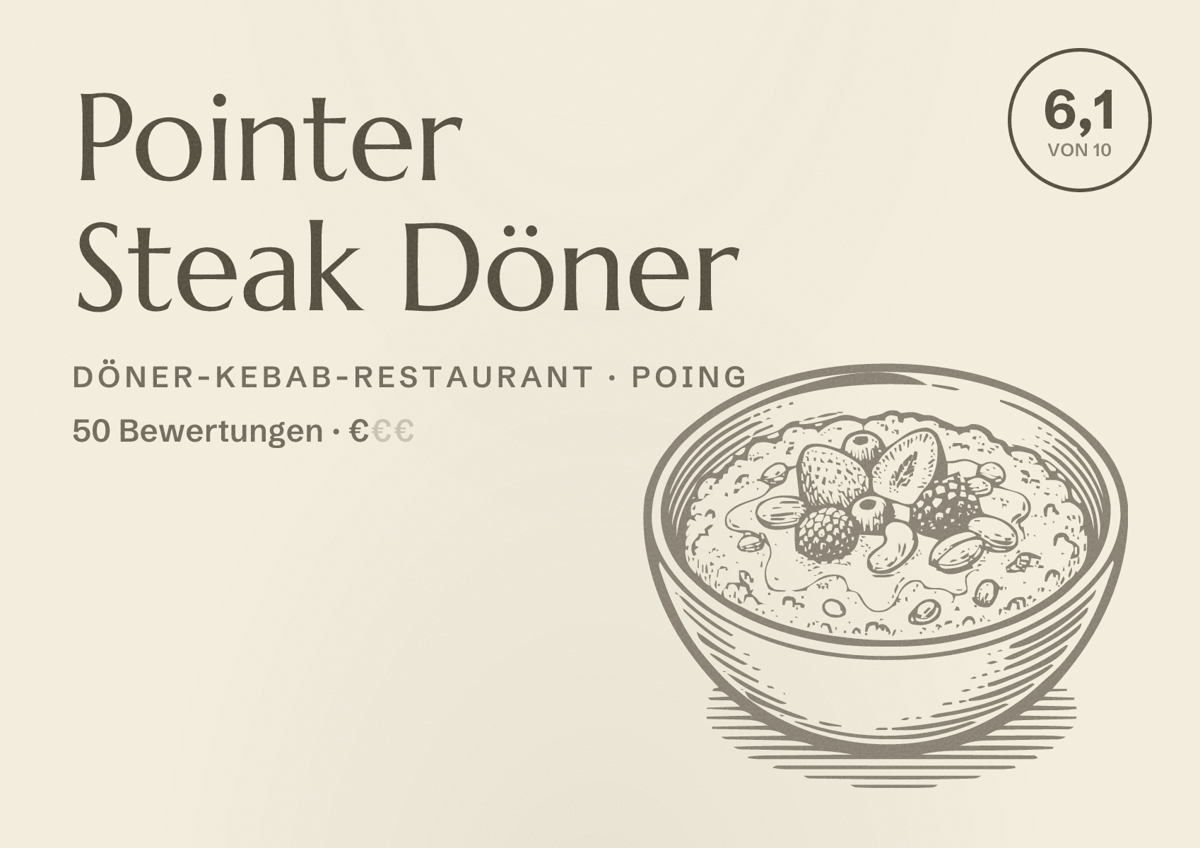 Illustriertes Poster von Pointer Steak Döner, Döner-Kebab-Restaurant in Poing: Bewertung 6,1 von 10 aus 50 Bewertungen, Preisniveau €