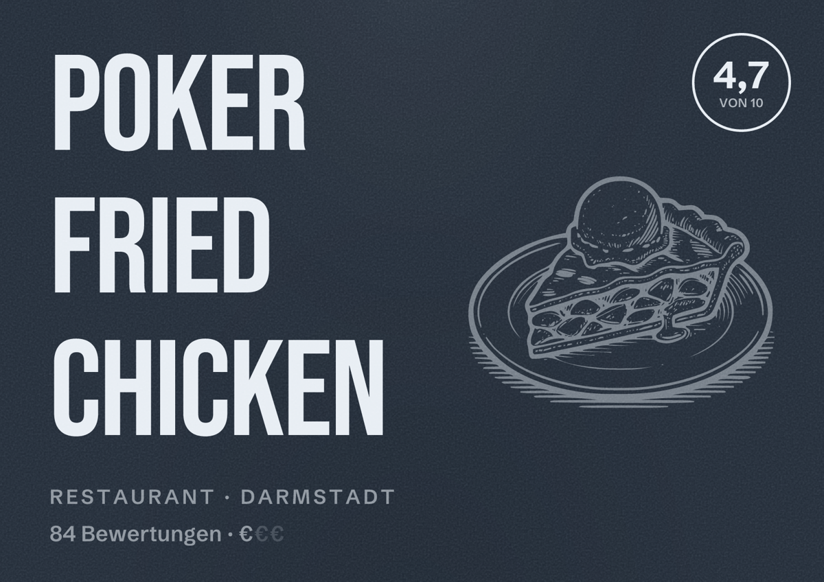 Illustriertes Poster von Poker Fried Chicken, Restaurant in Darmstadt: Bewertung 4,7 von 10 aus 84 Bewertungen, Preisniveau €