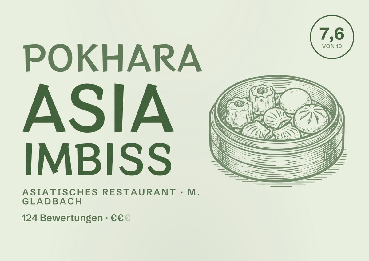 Illustriertes Poster von Pokhara Asia Imbiss, Asiatisches Restaurant in M. Gladbach: Bewertung 7,6 von 10 aus 124 Bewertungen, Preisniveau €€