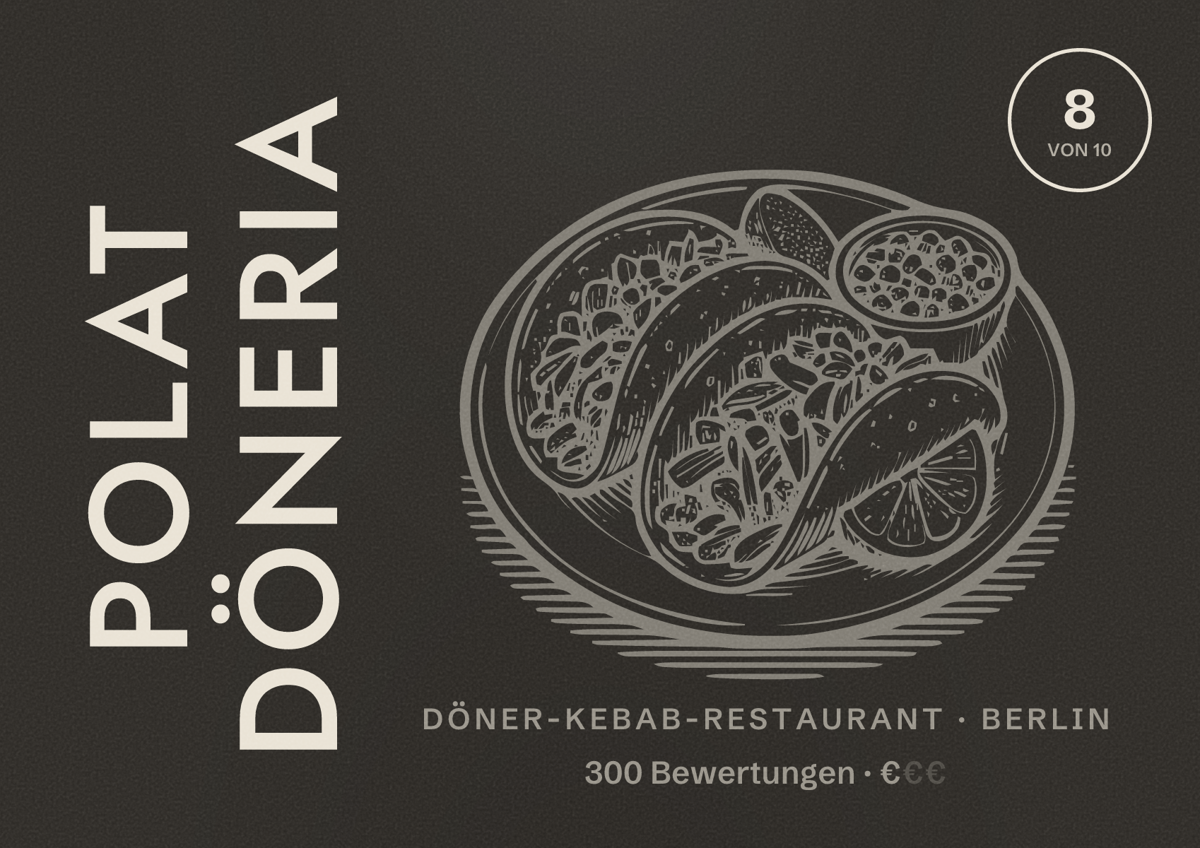 Illustriertes Poster von Polat Döneria, Döner-Kebab-Restaurant in Berlin: Bewertung 8 von 10 aus 300 Bewertungen, Preisniveau €
