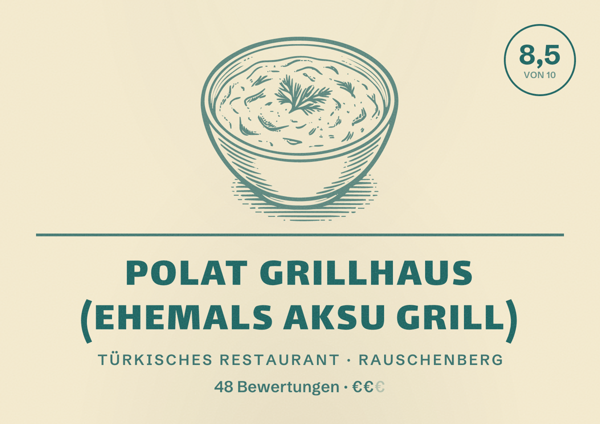 Illustriertes Poster von Polat Grillhaus (ehemals Aksu Grill), Türkisches Restaurant in Rauschenberg: Bewertung 8,5 von 10 aus 48 Bewertungen, Preisniveau €€