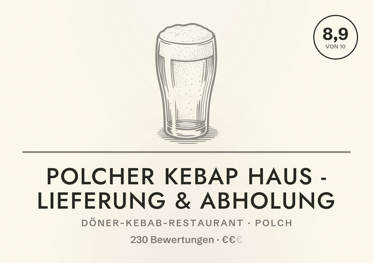Illustriertes Poster von Polcher Kebap Haus - Lieferung & Abholung, Döner-Kebab-Restaurant in Polch: Bewertung 8,9 von 10 aus 230 Bewertungen, Preisniveau €€
