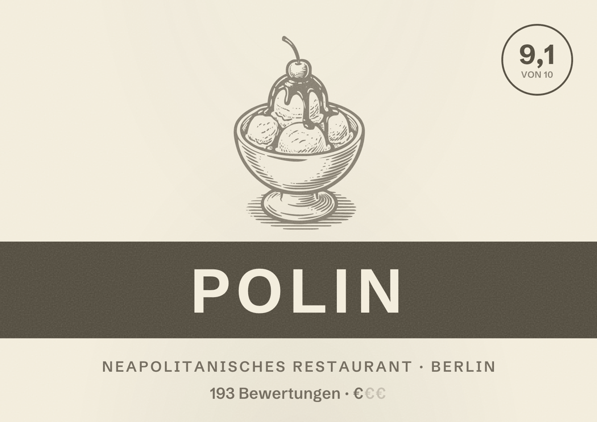 Illustriertes Poster von POLIN, Neapolitanisches Restaurant in Berlin: Bewertung 9,1 von 10 aus 193 Bewertungen, Preisniveau €