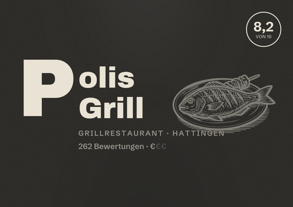 Illustriertes Poster von Polis Grill, Grillrestaurant in Hattingen: Bewertung 8,2 von 10 aus 262 Bewertungen, Preisniveau €