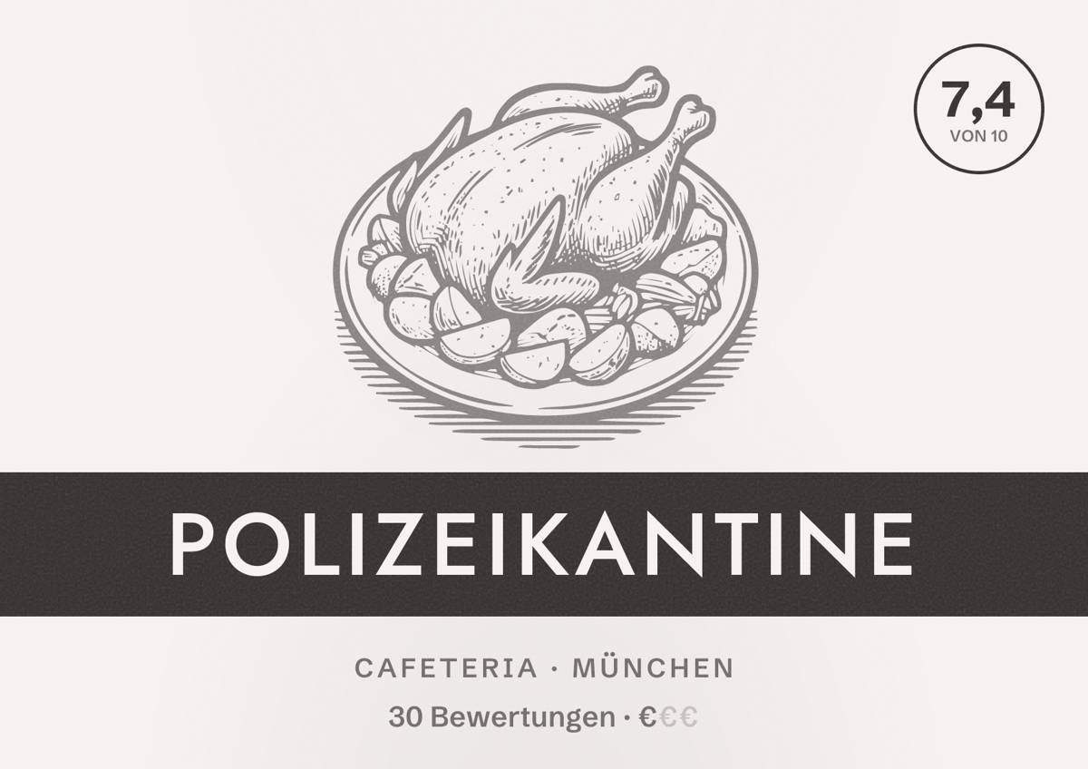 Illustriertes Poster von Polizeikantine, Cafeteria in München: Bewertung 7,4 von 10 aus 30 Bewertungen, Preisniveau €