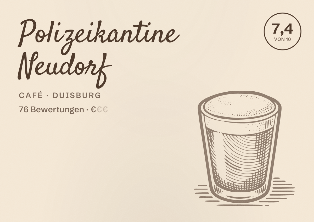 Illustriertes Poster von Polizeikantine Neudorf, Café in Duisburg: Bewertung 7,4 von 10 aus 76 Bewertungen, Preisniveau €