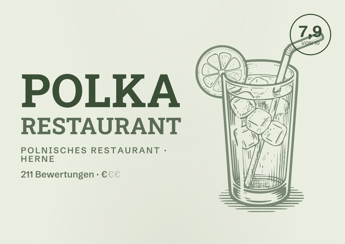 Illustriertes Poster von Polka Restaurant, Polnisches Restaurant in Herne: Bewertung 7,9 von 10 aus 211 Bewertungen, Preisniveau €