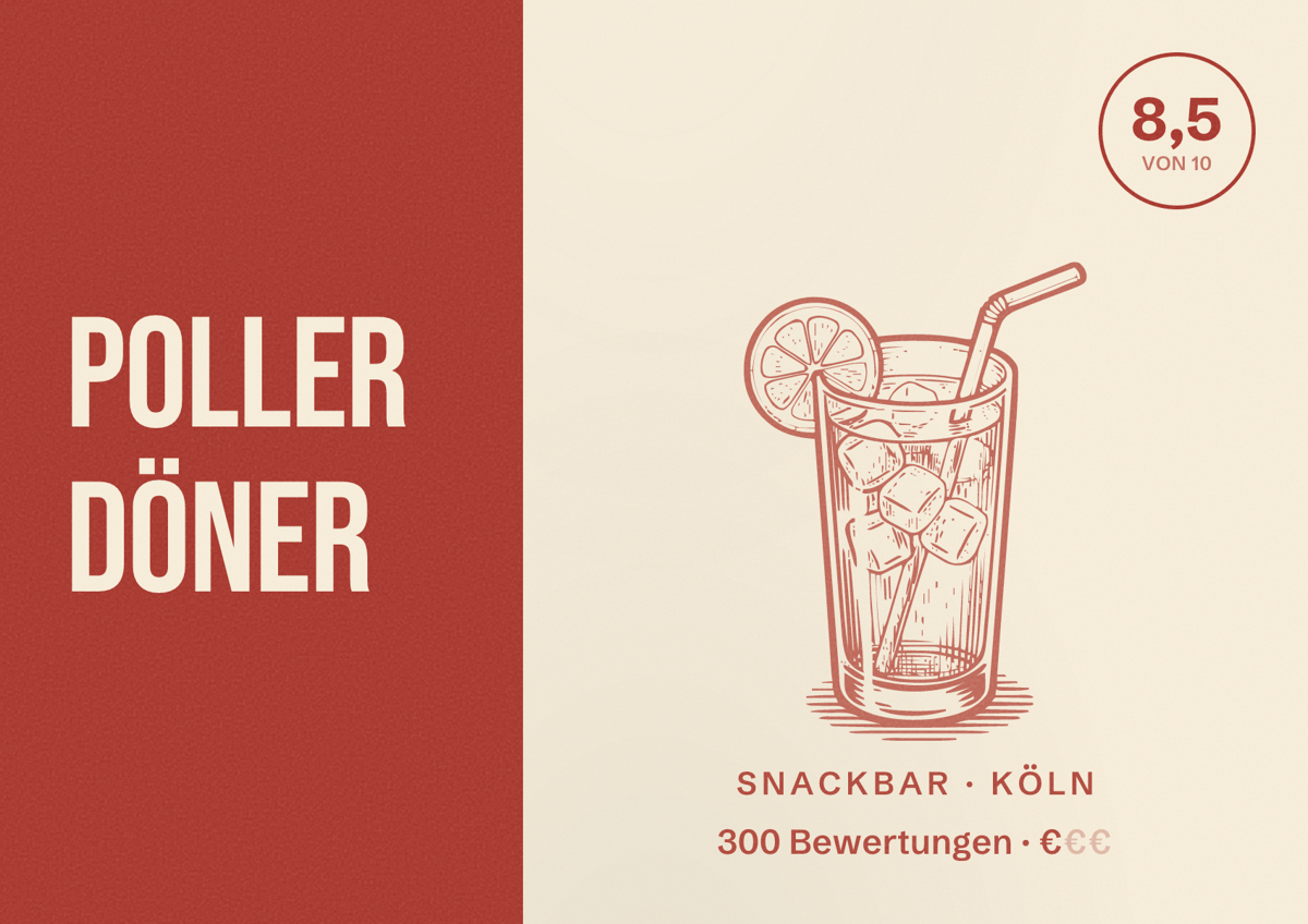 Illustriertes Poster von Poller Döner, Snackbar in Köln: Bewertung 8,5 von 10 aus 300 Bewertungen, Preisniveau €