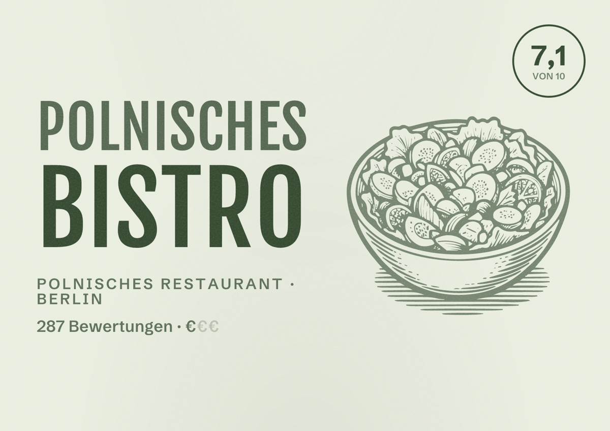 Illustriertes Poster von Polnisches Bistro, Polnisches Restaurant in Berlin: Bewertung 7,1 von 10 aus 287 Bewertungen, Preisniveau €