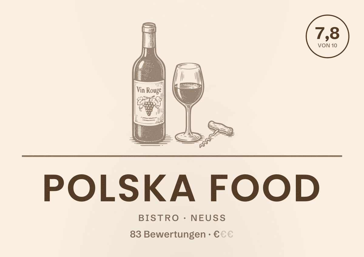 Illustriertes Poster von Polska Food, Bistro in Neuss: Bewertung 7,8 von 10 aus 83 Bewertungen, Preisniveau €