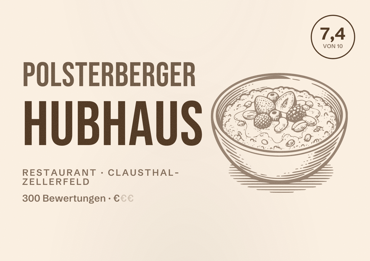Illustriertes Poster von Polsterberger Hubhaus, Restaurant in Clausthal-Zellerfeld: Bewertung 7,4 von 10 aus 300 Bewertungen, Preisniveau €