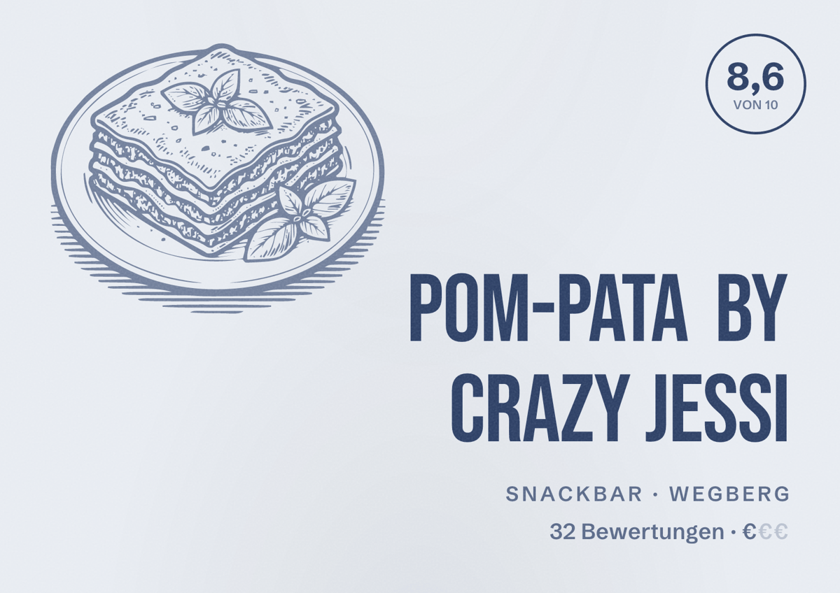 Illustriertes Poster von Pom-pata by Crazy Jessi, Snackbar in Wegberg: Bewertung 8,6 von 10 aus 32 Bewertungen, Preisniveau €