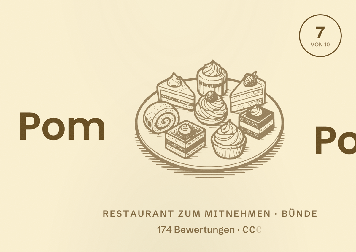 Illustriertes Poster von Pom Pom, Restaurant zum Mitnehmen in Bünde: Bewertung 7 von 10 aus 174 Bewertungen, Preisniveau €€
