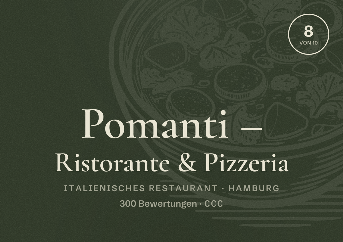 Illustriertes Poster von Pomanti – Ristorante & Pizzeria, Italienisches Restaurant in Hamburg: Bewertung 8,0 von 10 aus 300 Bewertungen, Preisniveau €€€