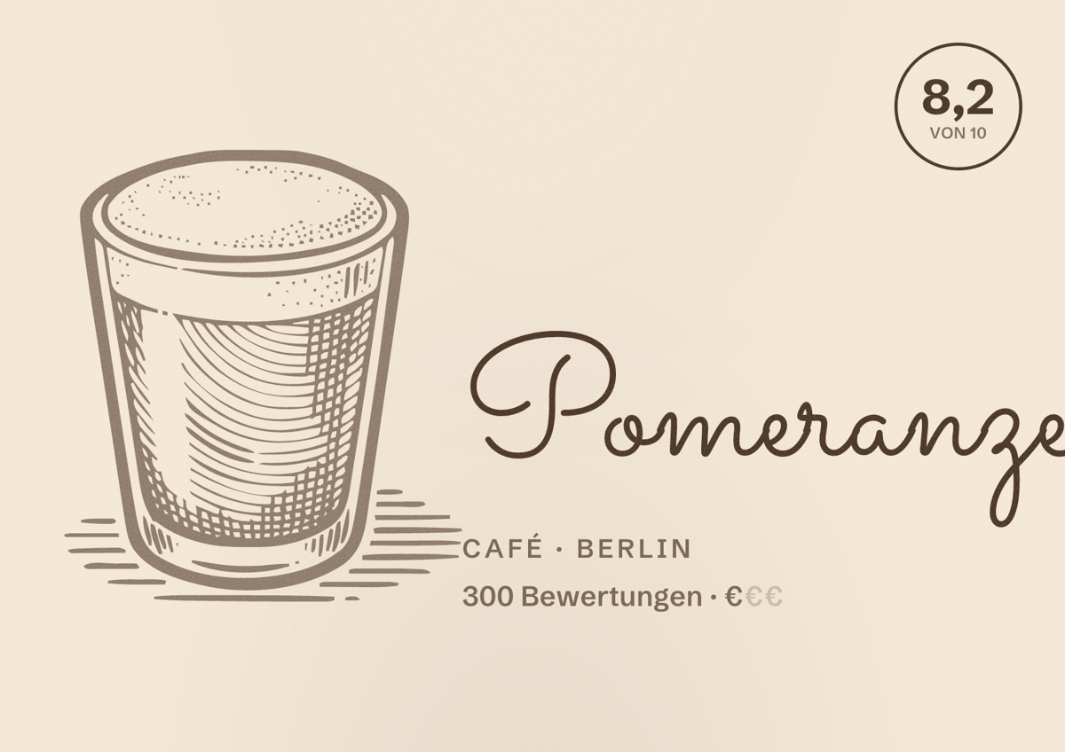 Illustriertes Poster von Pomeranze, Café in Berlin: Bewertung 8,2 von 10 aus 300 Bewertungen, Preisniveau €