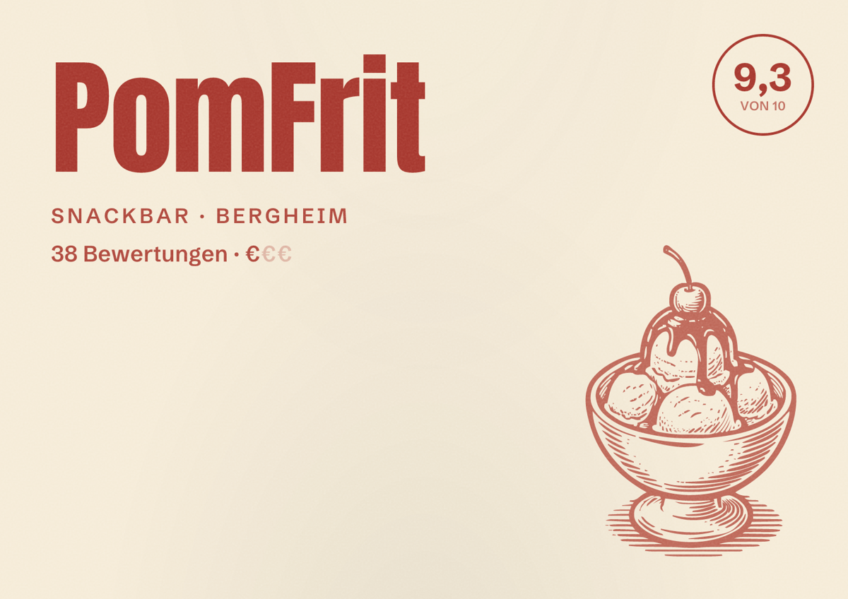 Illustriertes Poster von PomFrit, Snackbar in Bergheim: Bewertung 9,3 von 10 aus 38 Bewertungen, Preisniveau €