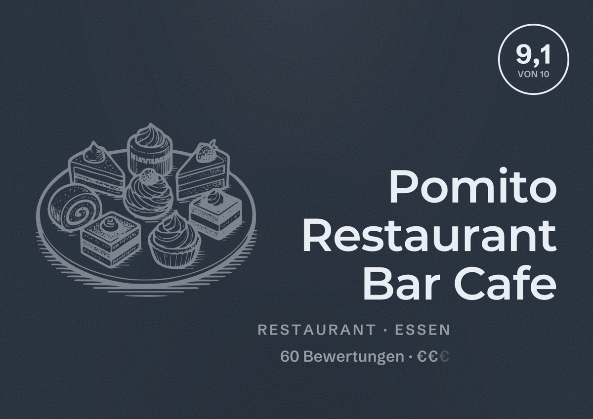 Illustriertes Poster von Pomito Restaurant Bar Cafe, Restaurant in Essen: Bewertung 9,1 von 10 aus 60 Bewertungen, Preisniveau €€
