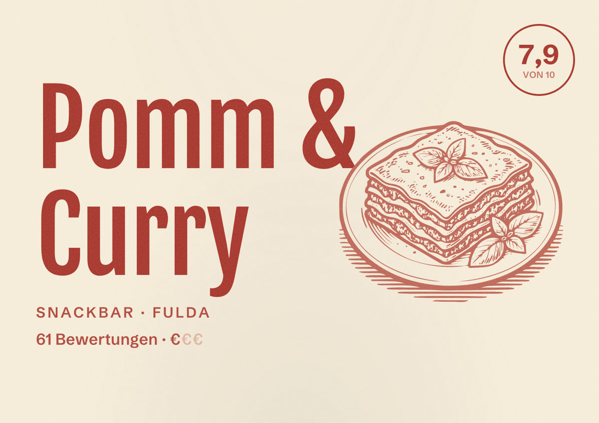 Illustriertes Poster von Pomm & Curry, Snackbar in Fulda: Bewertung 7,9 von 10 aus 61 Bewertungen, Preisniveau €