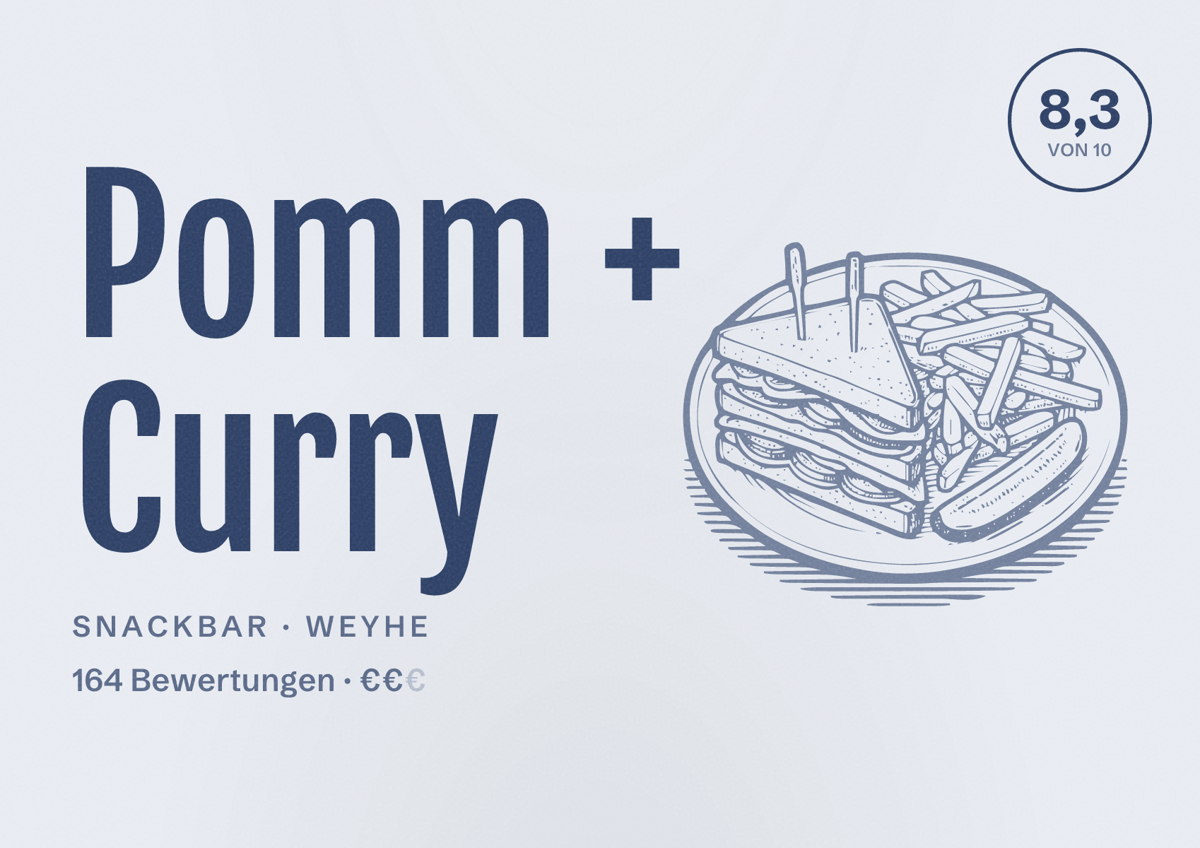 Illustriertes Poster von Pomm + Curry, Snackbar in Weyhe: Bewertung 8,3 von 10 aus 164 Bewertungen, Preisniveau €€