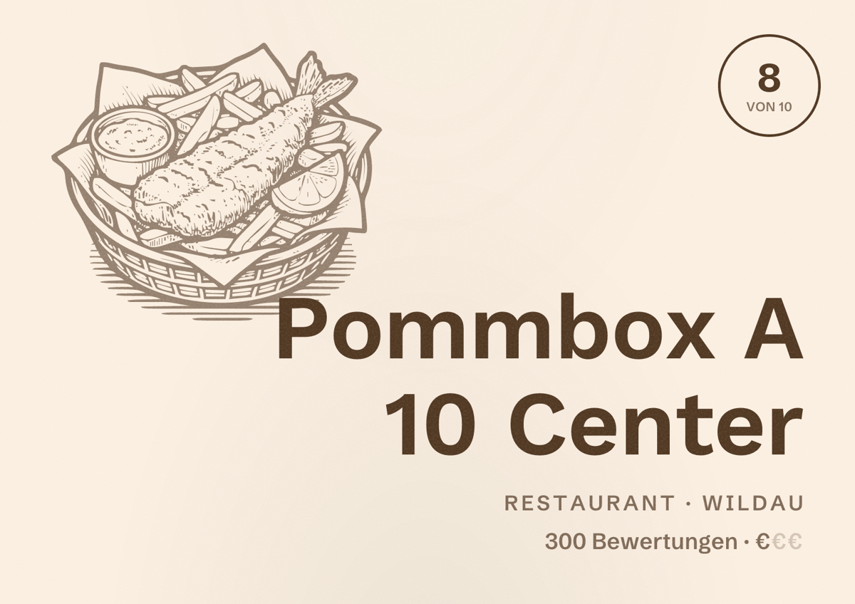 Illustriertes Poster von Pommbox A 10 Center, Restaurant in Wildau: Bewertung 8 von 10 aus 300 Bewertungen, Preisniveau €