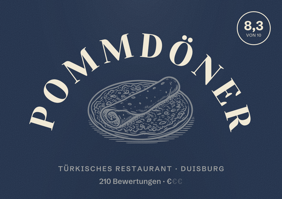 Illustriertes Poster von Pommdöner, Türkisches Restaurant in Duisburg: Bewertung 8,3 von 10 aus 210 Bewertungen, Preisniveau €
