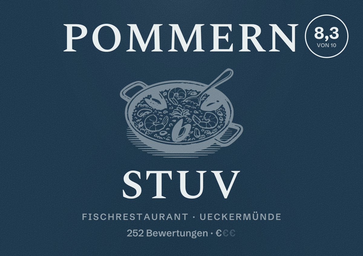 Illustriertes Poster von Pommern Stuv, Fischrestaurant in Ueckermünde: Bewertung 8,3 von 10 aus 252 Bewertungen, Preisniveau €