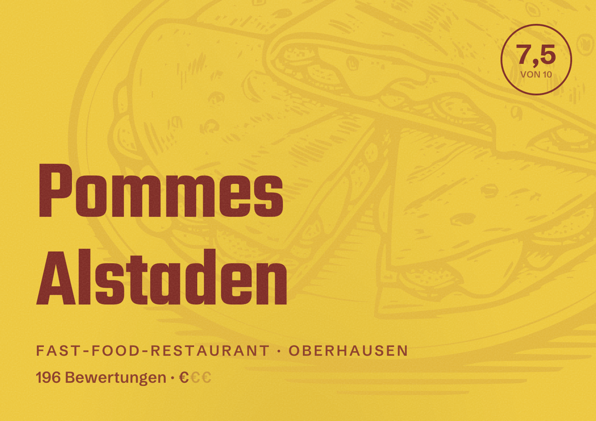Illustriertes Poster von Pommes Alstaden, Fast-Food-Restaurant in Oberhausen: Bewertung 7,5 von 10 aus 196 Bewertungen, Preisniveau €