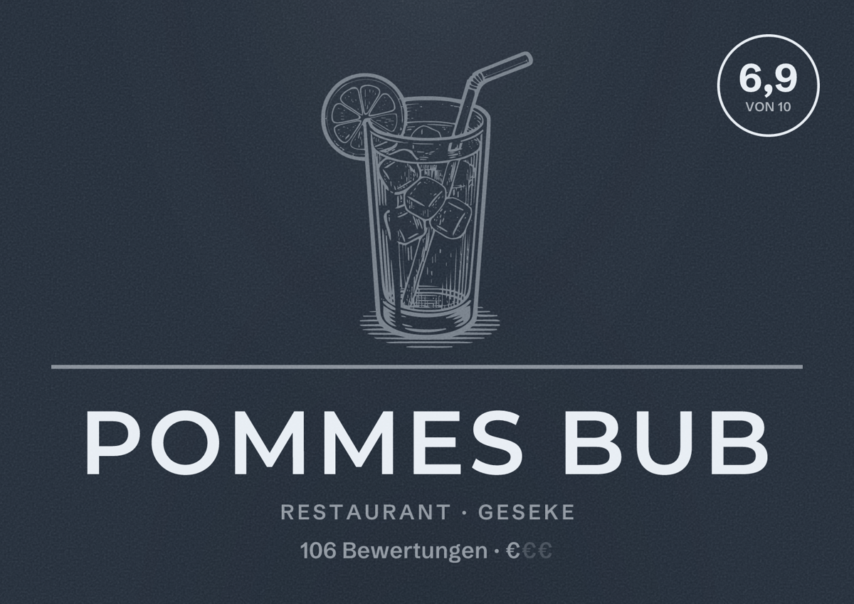 Illustriertes Poster von Pommes Bub, Restaurant in Geseke: Bewertung 6,9 von 10 aus 106 Bewertungen, Preisniveau €