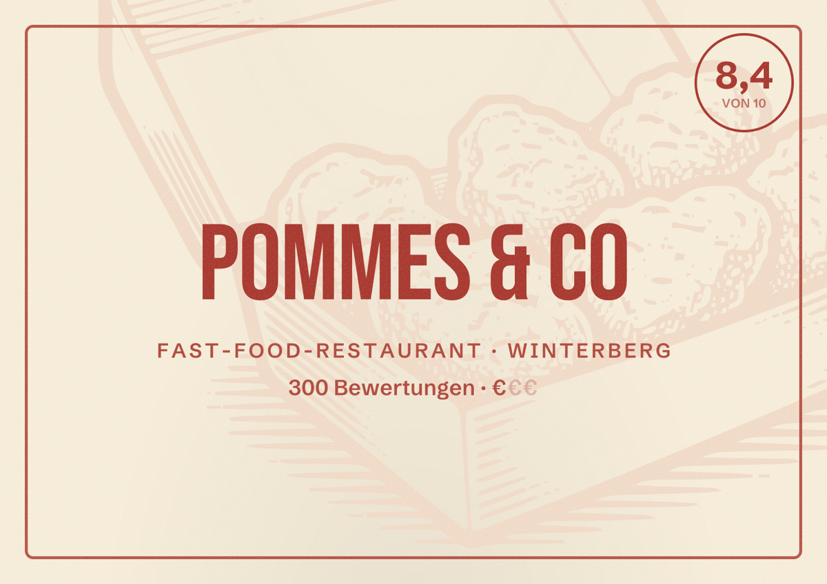 Illustriertes Poster von Pommes & Co, Fast-Food-Restaurant in Winterberg: Bewertung 8,4 von 10 aus 300 Bewertungen, Preisniveau €