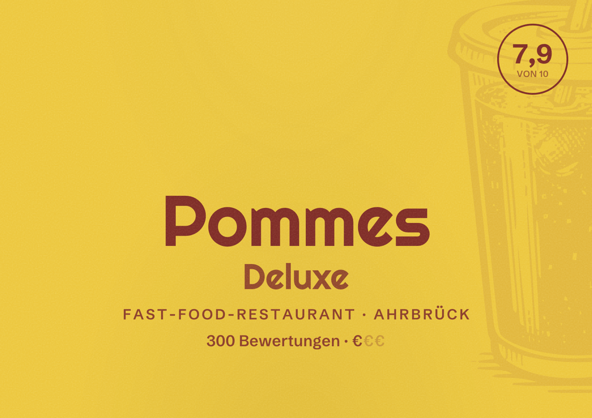 Illustriertes Poster von Pommes Deluxe, Fast-Food-Restaurant in Ahrbrück: Bewertung 7,9 von 10 aus 300 Bewertungen, Preisniveau €