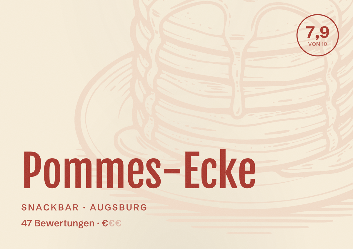 Illustriertes Poster von Pommes-Ecke, Snackbar in Augsburg: Bewertung 7,9 von 10 aus 47 Bewertungen, Preisniveau €