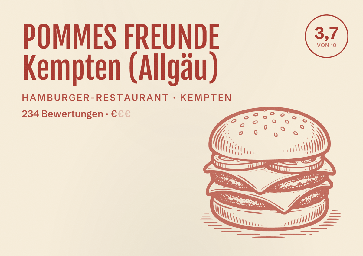 Illustriertes Poster von POMMES FREUNDE Kempten (Allgäu), Hamburger-Restaurant in Kempten: Bewertung 3,7 von 10 aus 234 Bewertungen, Preisniveau €