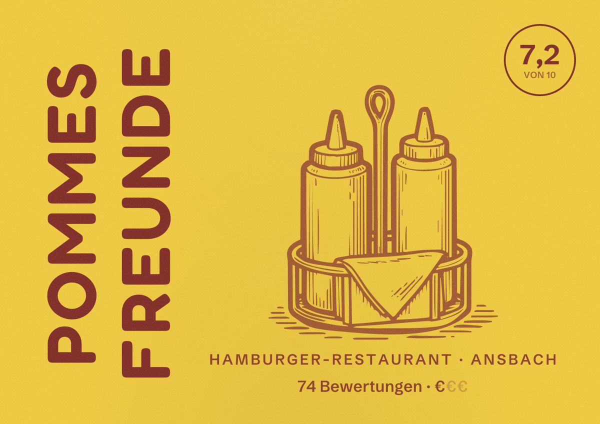 Illustriertes Poster von POMMES FREUNDE, Hamburger-Restaurant in Ansbach: Bewertung 7,2 von 10 aus 74 Bewertungen, Preisniveau €
