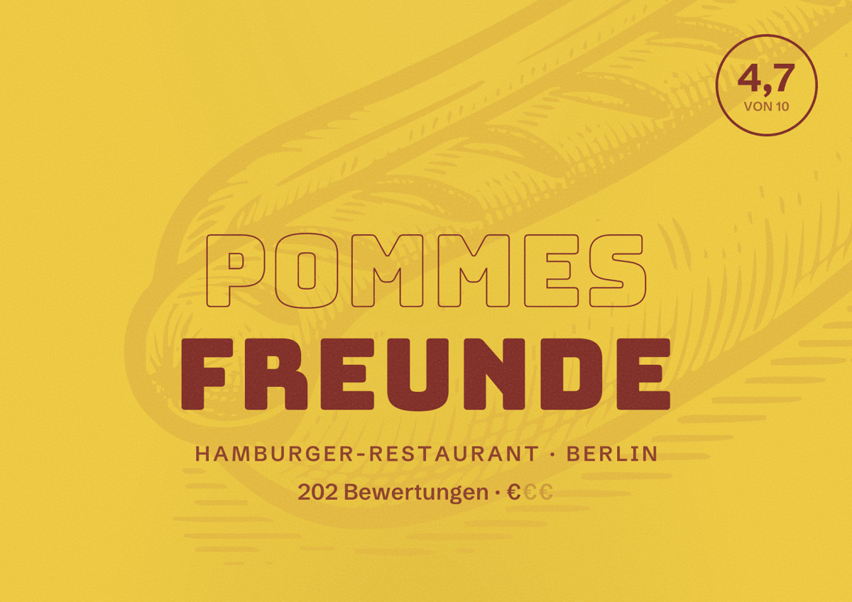 Illustriertes Poster von Pommes Freunde, Hamburger-Restaurant in Berlin: Bewertung 4,7 von 10 aus 202 Bewertungen, Preisniveau €