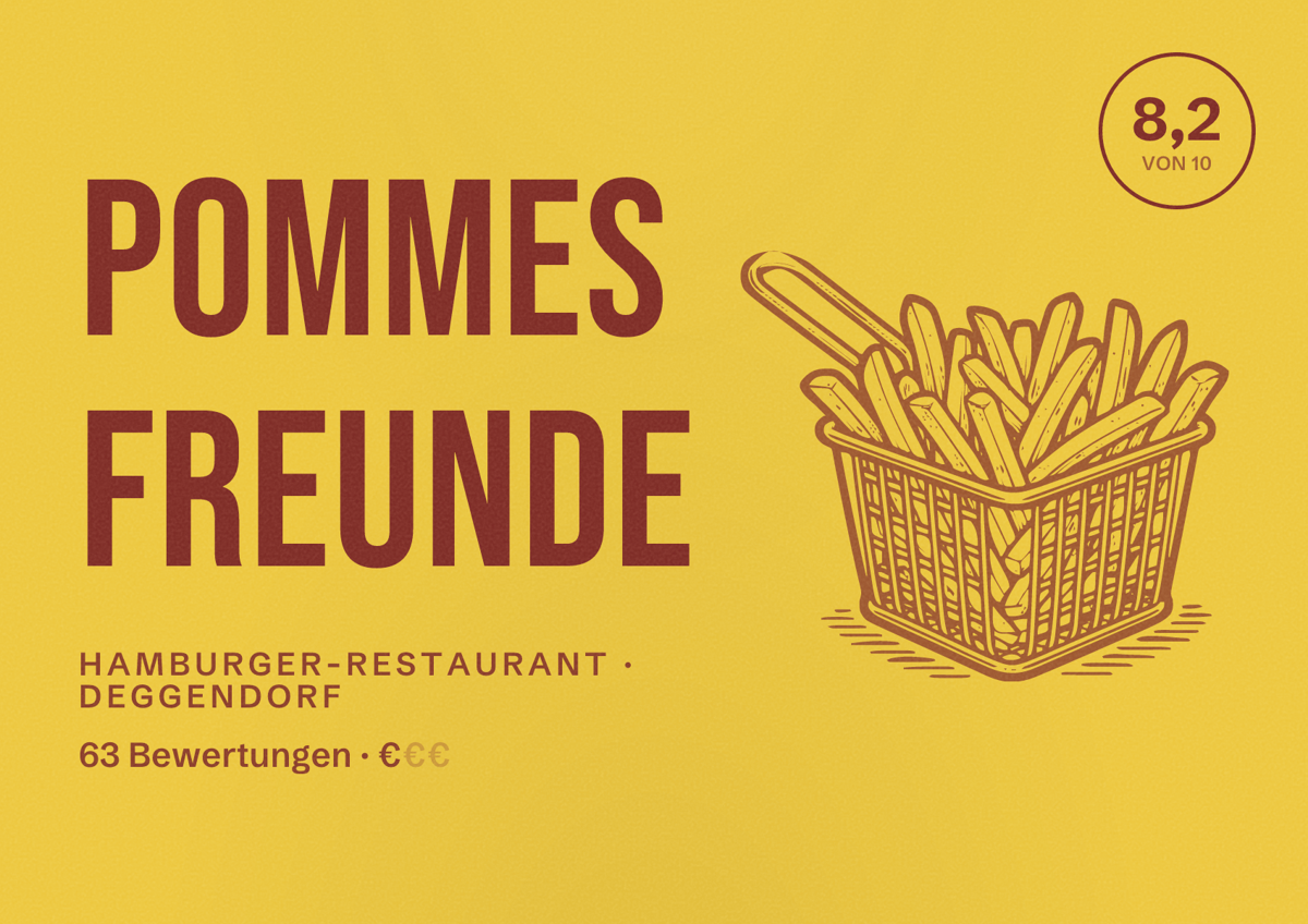 Illustriertes Poster von POMMES FREUNDE, Hamburger-Restaurant in Deggendorf: Bewertung 8,2 von 10 aus 63 Bewertungen, Preisniveau €