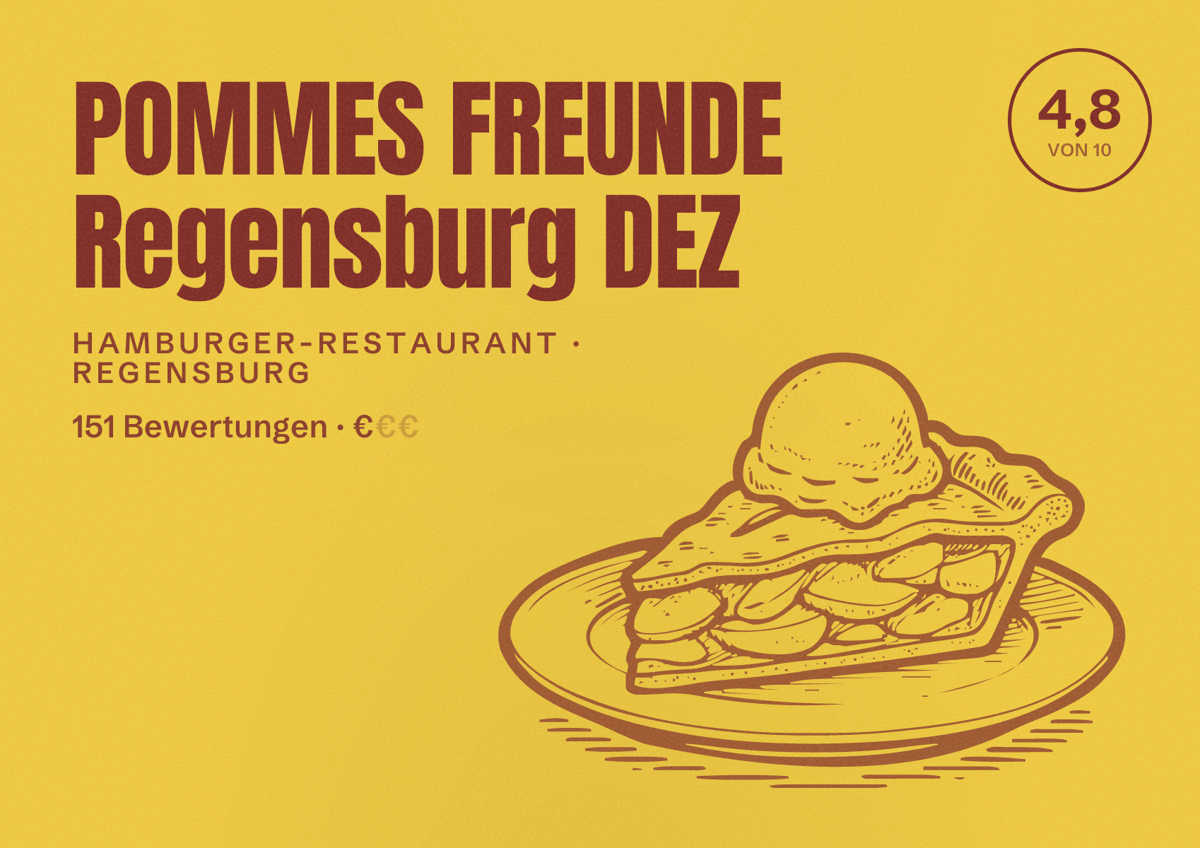 Illustriertes Poster von POMMES FREUNDE Regensburg DEZ, Hamburger-Restaurant in Regensburg: Bewertung 4,8 von 10 aus 151 Bewertungen, Preisniveau €