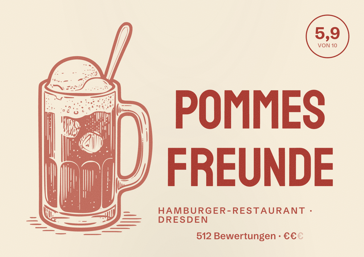 Illustriertes Poster von POMMES FREUNDE, Hamburger-Restaurant in Dresden: Bewertung 5,9 von 10 aus 512 Bewertungen, Preisniveau €€