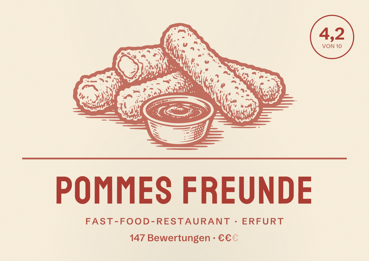 Illustriertes Poster von POMMES FREUNDE, Fast-Food-Restaurant in Erfurt: Bewertung 4,2 von 10 aus 147 Bewertungen, Preisniveau €€