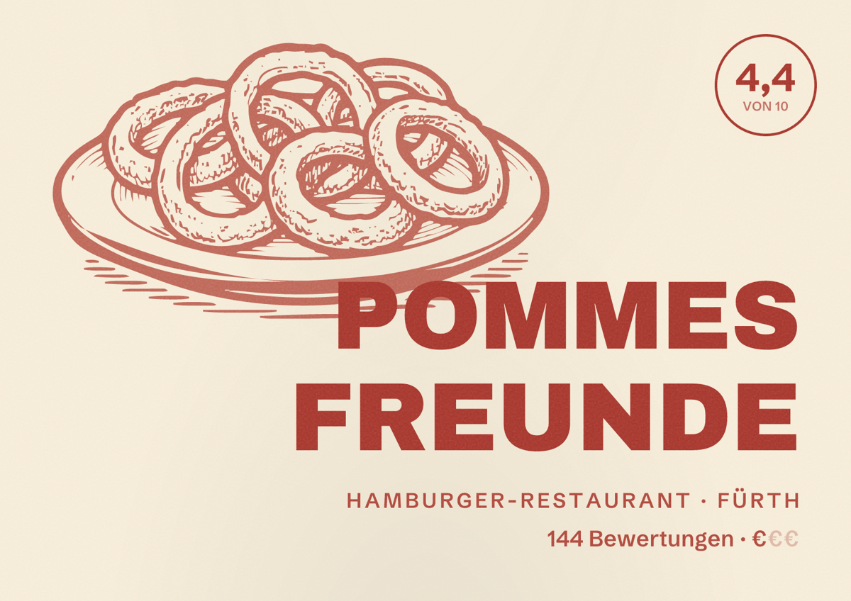 Illustriertes Poster von POMMES FREUNDE, Hamburger-Restaurant in Fürth: Bewertung 4,4 von 10 aus 144 Bewertungen, Preisniveau €