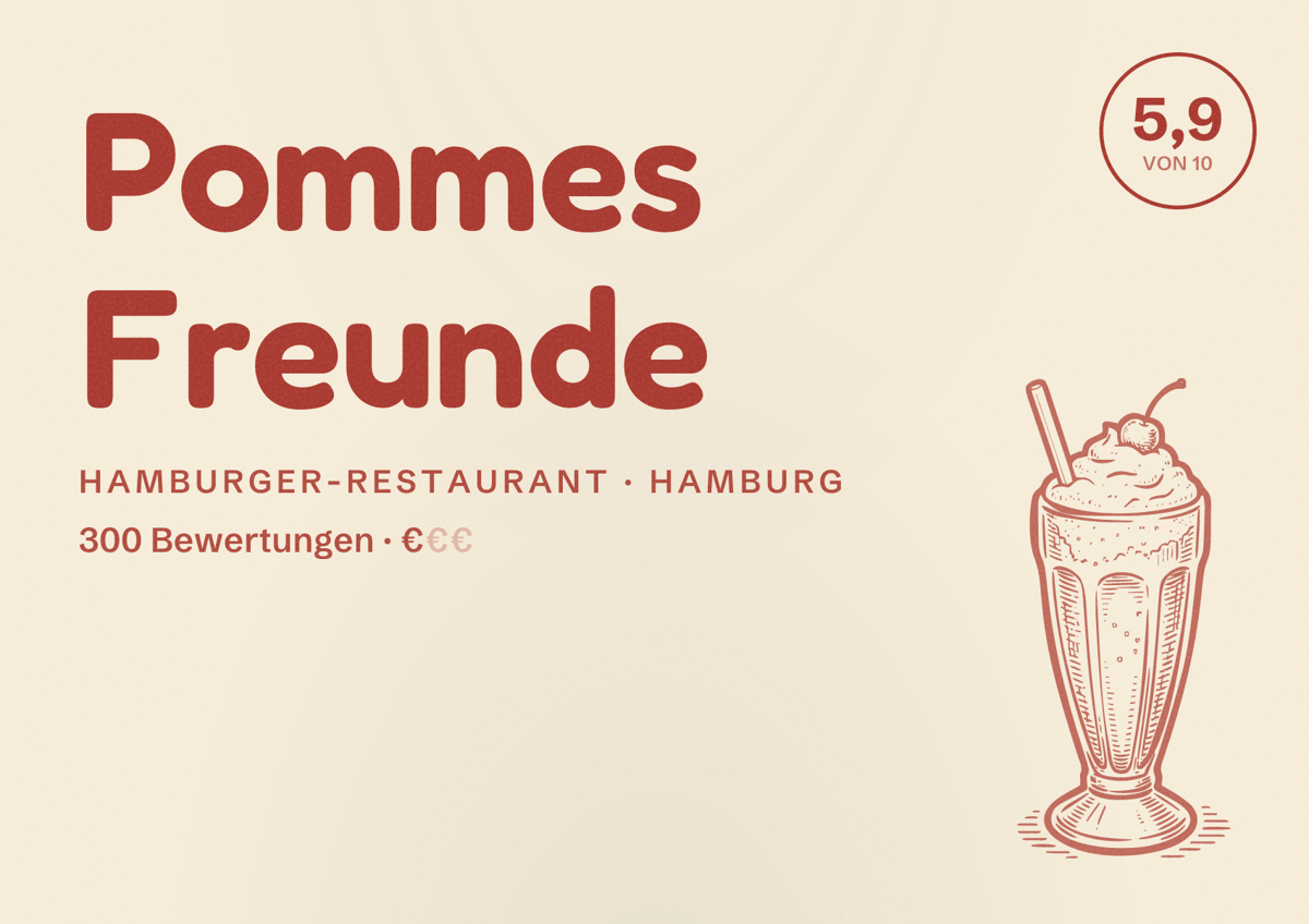 Illustriertes Poster von Pommes Freunde, Hamburger-Restaurant in Hamburg: Bewertung 5,9 von 10 aus 300 Bewertungen, Preisniveau €