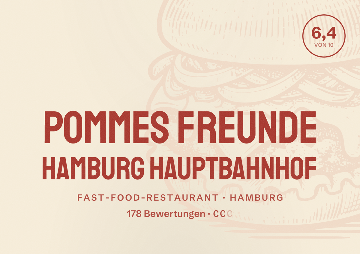 Illustriertes Poster von POMMES FREUNDE Hamburg Hauptbahnhof, Fast-Food-Restaurant in Hamburg: Bewertung 6,4 von 10 aus 178 Bewertungen, Preisniveau €€