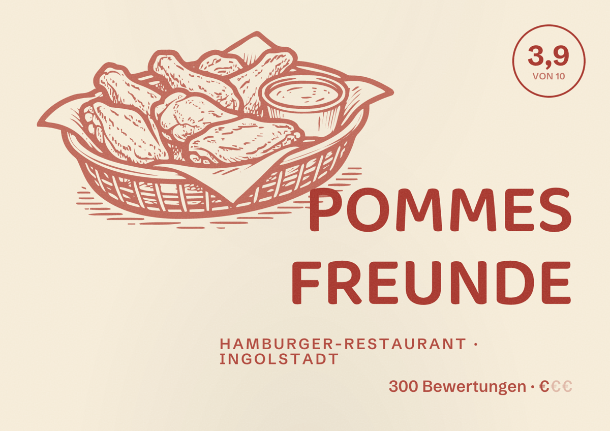 Illustriertes Poster von POMMES FREUNDE, Hamburger-Restaurant in Ingolstadt: Bewertung 3,9 von 10 aus 300 Bewertungen, Preisniveau €