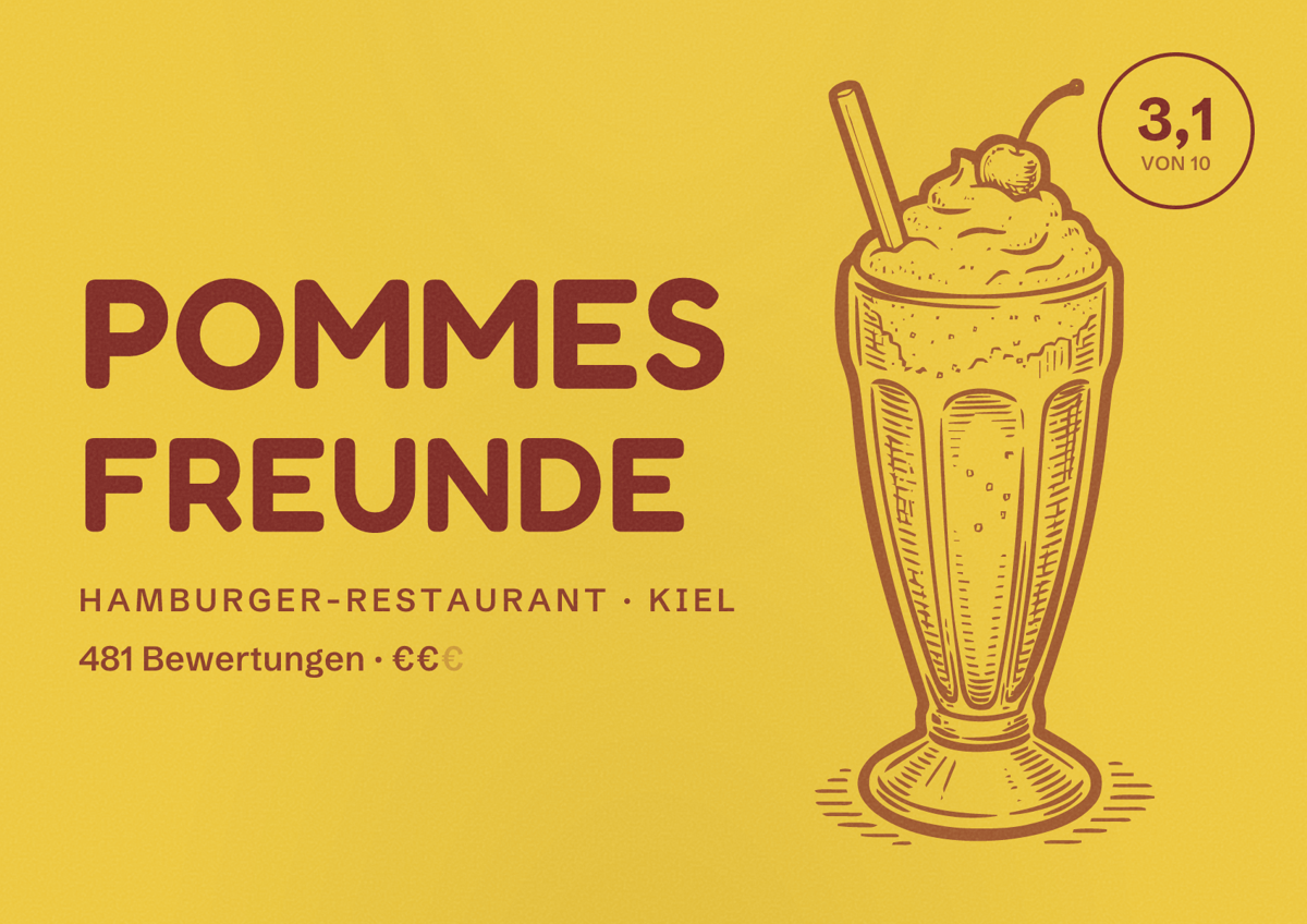 Illustriertes Poster von POMMES FREUNDE, Hamburger-Restaurant in Kiel: Bewertung 3,1 von 10 aus 481 Bewertungen, Preisniveau €€