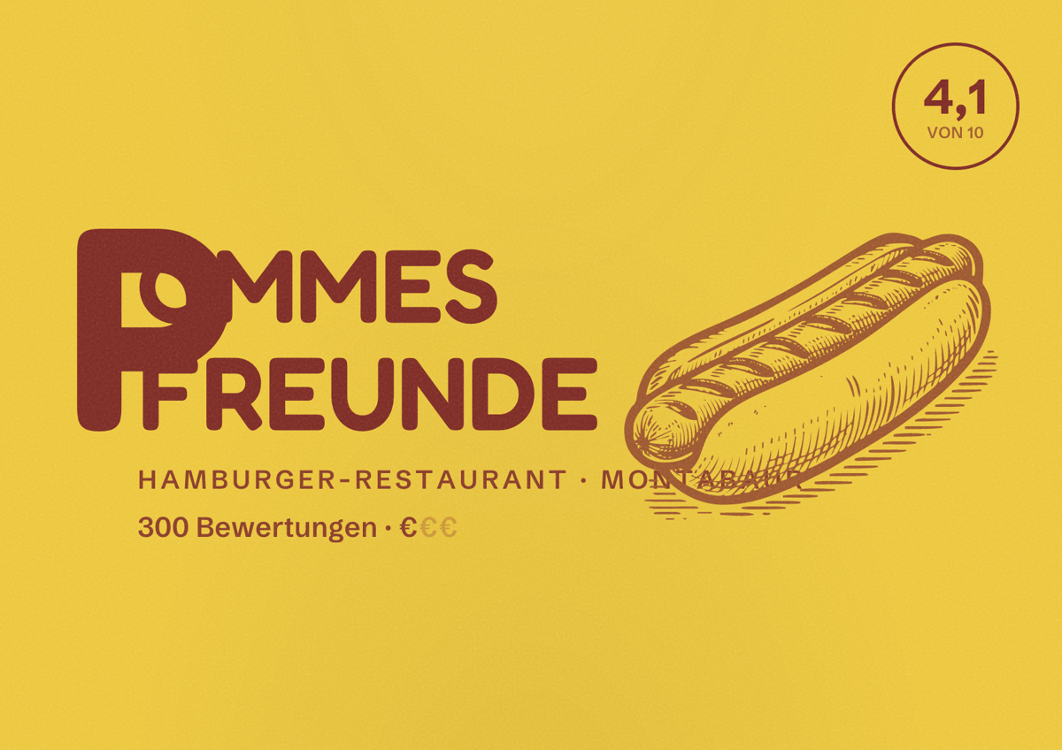Illustriertes Poster von POMMES FREUNDE, Hamburger-Restaurant in Montabaur: Bewertung 4,1 von 10 aus 300 Bewertungen, Preisniveau €